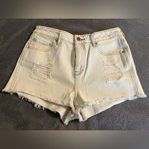 Bullhead Cream Distressed Jean Shorts
